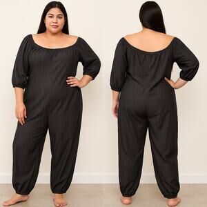 Lloyd Off-Shoulder Black Stretch Jumpsuit with Pockets – Plus Size 2X